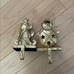 Pier 1 Gold Christmas Tree and Snowman Stocking Holders